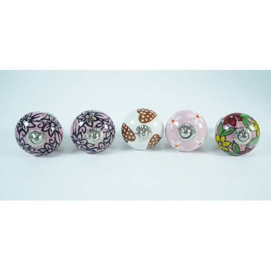 Multicolor Flower Design Ceramic Drawer Knobs - For Kitchen Cabinet Hardware Door Handle Pulls Decorative Dresser - Pack Of 5