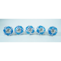 Ceramic knobs - Blue Leaf Design - Hardware Door Decorative Dresser Pulls Luxurious Crafted by Hand - Set 5 Pack