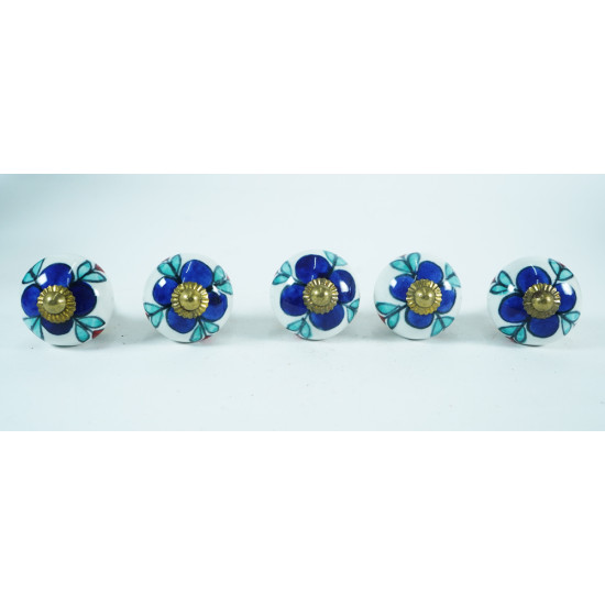 Ceramic knobs - Blue Flower & Green Leaf Design -  For Kitchen Cabinet Hardware Door Decorative Dresser Pulls - Set Of 5 Pack