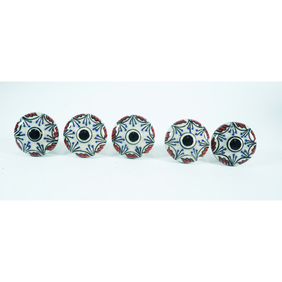 Off White colorful Flower Design Ceramic Knobs - For Drawer Kitchen Cabinet Hardware Door Pulls Decorative Dresser Premium Elegance - Pack Of 5