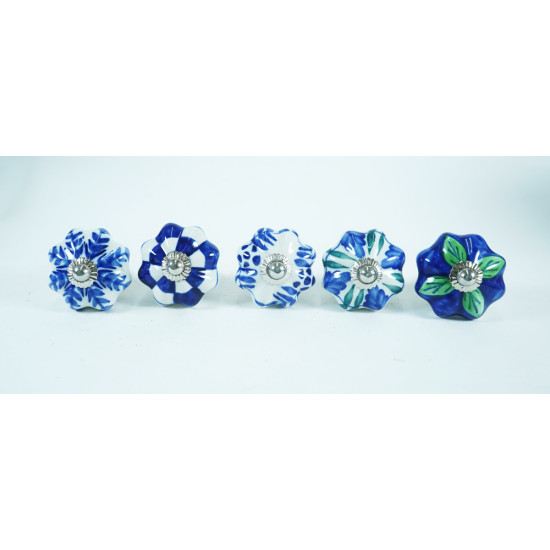 Ceramic Knobs - Multi Blue Color Designs Knobs for Drawer Dresser Cupboard Cabinet Kitchen Wardrobe Desk -  Pack of 5