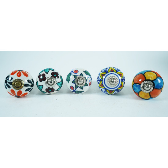 Multicolor Flower Design Ceramic Drawer Knobs - For Kitchen Cabinet Hardware Door Handle Pulls Decorative Dresser - Pack Of 5