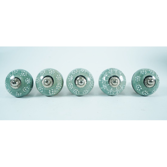 Ceramic Knobs - Sea Green White Dotted Knobs For- Kitchen Cupboard ,Furniture Home Decor,  Cabinet - Drawer - Cabinet pulls - Door knobs. (Set Of 5.)