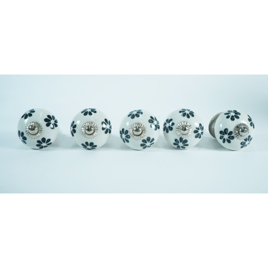 White Black Floral Design Ceramic Drawer Knobs - For Bathroom, Kitchen Cabinet Hardware Door Pulls Decorative Dresser Premium Elegance - Pack Of 5