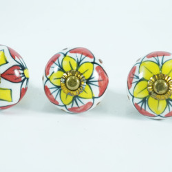 Ceramic Knobs - Red & Yellow Flower Design - For Kitchen Cabinet Hardware Door Decorative Dresser Pulls - Set Of 5