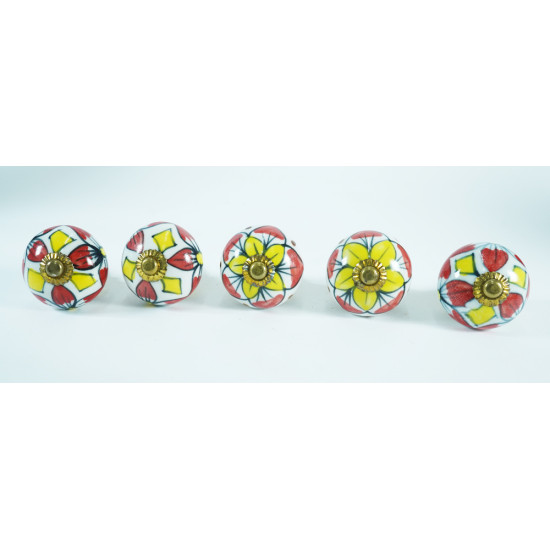 Ceramic Knobs - Red & Yellow Flower Design - For Kitchen Cabinet Hardware Door Decorative Dresser Pulls - Set Of 5