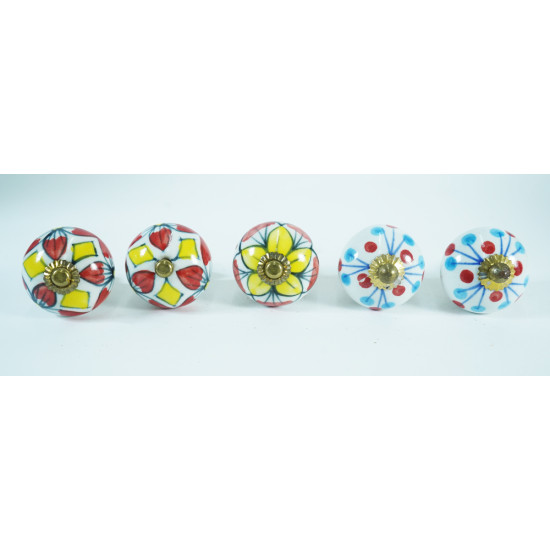 Ceramic Knobs - Dot & Flower Design - For Kitchen Cabinet Hardware Door Decorative Dresser Pulls - Set Of 5