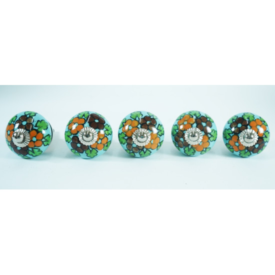 Hand Printed - Multicolor Floral Ceramic Knobs - Vintage Decorative Knobs - For  Kitchen Cupboard ,Furniture Home Décor,  Cabinet - Drawer - Cabinet pulls - Door knobs. (Set Of 5.)