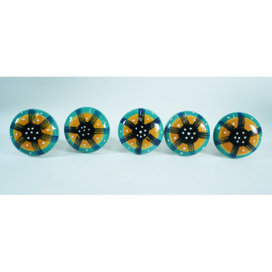 Ceramic Knobs - Green & Yellow Pottery - For Drawer Kitchen Cabinet Hardware Door Pulls Decorative Dresser Premium Elegance - 5 Pack