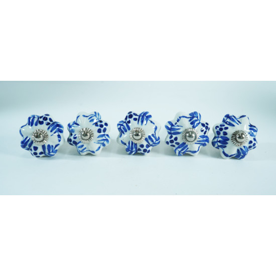 Ceramic knobs - Blue Leaf & Flower Design - For Farmhouse, Home, Office, Garage, Room, Bathroom, Kitchen, Bedroom and Entryway - 5 Pack