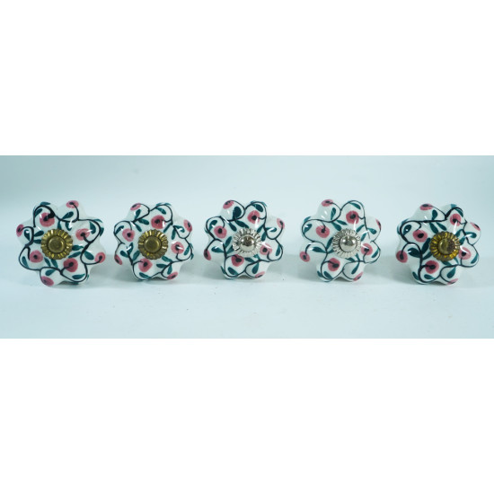 Ceramic Knobs - Green Leaf & Dot Design - For Drawer Kitchen Cabinet Hardware Door Pulls Decorative Dresser Premium Elegance - 5 Pack