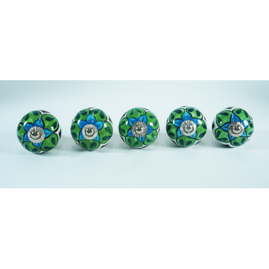 Ceramic Knobs - Green & Blue Flower Design - For Decorative Kitchen and Dresser Handles - 5 Pack