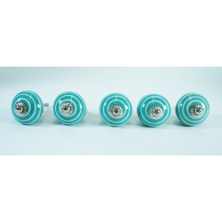 Green & White Line Handle Pull Ceramic Knob - For Kitchen Cabinet Hardware Door Pulls Decorative Dresser - Pack Of 5