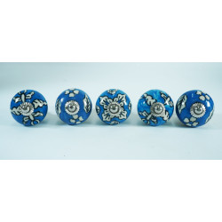 Blue & White Leaf Design Drawer Ceramic Knob - For Kitchen Cabinet Hardware Door Pulls Decorative Dresser - Pack Of 5