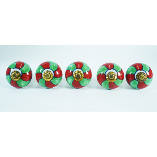 Ceramic Knobs - Green & Red Design - Kitchen Cabinet Hardware Door Decorative Dresser Pulls - Set Of 5