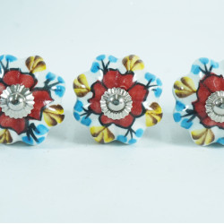 Ceramic Knobs - Red Flower, Blue & Yellow Leaf - For Decorative Kitchen and Dresser Handles - Set Of 5 Pack