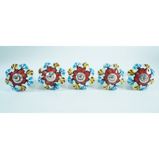 Ceramic Knobs - Red Flower, Blue & Yellow Leaf - For Decorative Kitchen and Dresser Handles - Set Of 5 Pack