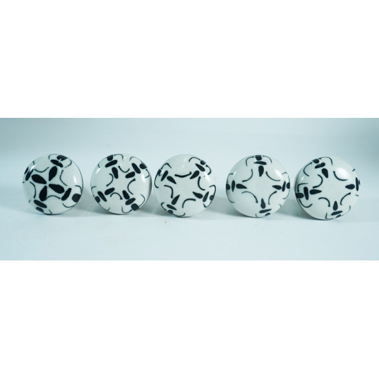 Ceramic Knobs - White & Black Design - For Farmhouse, Home, Office, Garage, Room, Bathroom, Kitchen, Bedroom - Set Of 5 Pack