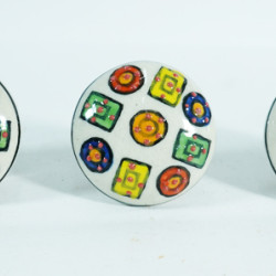 NOVELIKA- Multi Coloured Squares and Circles Pattern Ceramic Knob For- Bookcase, Drawers, Cabinet Drawers, Closet Drawers, Dresser Drawers, Kitchen Drawers, Cabinets, and Others. set of 5.