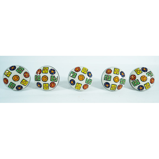 NOVELIKA- Multi Coloured Squares and Circles Pattern Ceramic Knob For- Bookcase, Drawers, Cabinet Drawers, Closet Drawers, Dresser Drawers, Kitchen Drawers, Cabinets, and Others. set of 5.