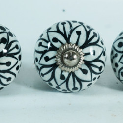 Ceramic Knobs - Black Flower Design - For Decorative Kitchen and Dresser Handles - Set Of 5 Pack