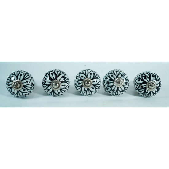 Ceramic Knobs - Black Flower Design - For Decorative Kitchen and Dresser Handles - Set Of 5 Pack