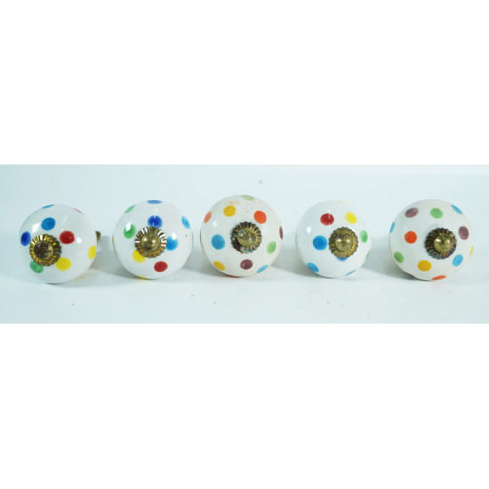 White & Colorful Polka Dot Ceramic Door Knobs - For Drawer Kitchen Cabinet Hardware Door Pulls Decorative Dresser Premium Elegance - Pack Of 5