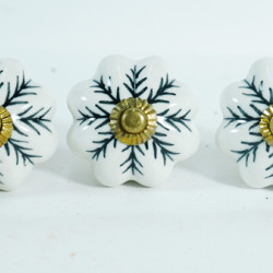 Ceramic Knobs - White Round, Black Leaf Design - For Decorative Kitchen and Dresser Handles - Set Of 5