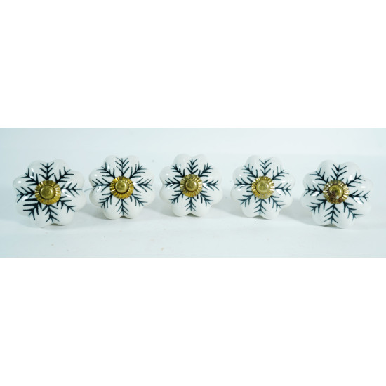Ceramic Knobs - White Round, Black Leaf Design - For Decorative Kitchen and Dresser Handles - Set Of 5