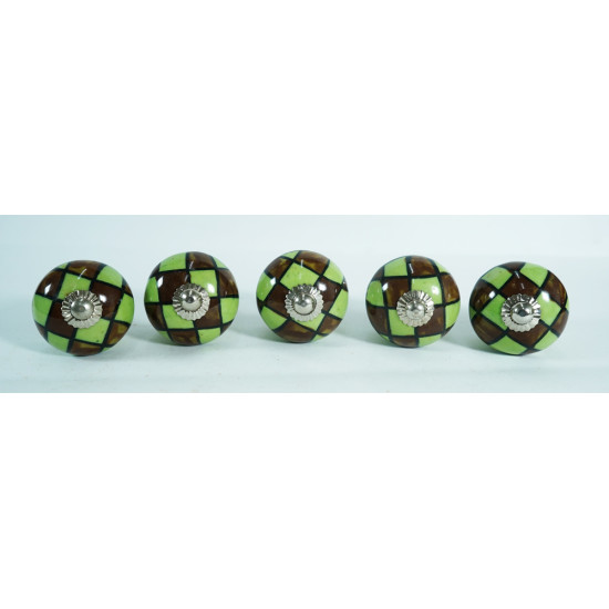 Ceramic Knobs - Green & Braun Design - Kitchen Cabinet Hardware Door Decorative Dresser Pulls - Set Of 5 Pack