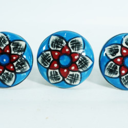 Ceramic Knobs - White & Red Flower Design - For Kitchen Cabinet Hardware Door Decorative Dresser Pulls - Set Of 5 Pack