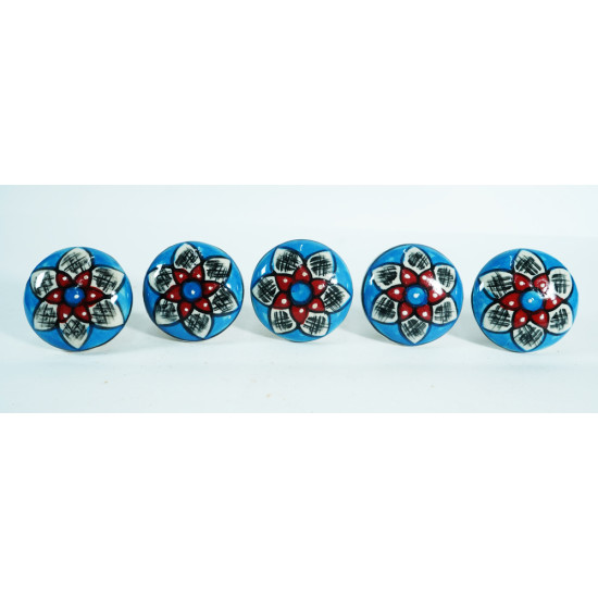 Ceramic Knobs - White & Red Flower Design - For Kitchen Cabinet Hardware Door Decorative Dresser Pulls - Set Of 5 Pack