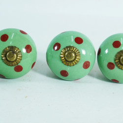 Green & Polka Red Dot Ceramic Door Knobs - For Drawer Kitchen Cabinet Hardware Door Pulls Decorative Dresser Premium Elegance - Pack Of 5