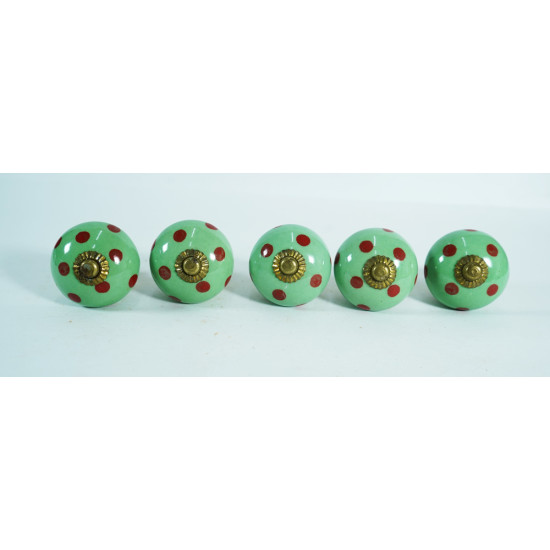 Green & Polka Red Dot Ceramic Door Knobs - For Drawer Kitchen Cabinet Hardware Door Pulls Decorative Dresser Premium Elegance - Pack Of 5