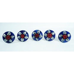 Ceramic Knobs - Blue Round, White Leaf - For Decorative Kitchen and Dresser Handles - Set Of 5 Pack