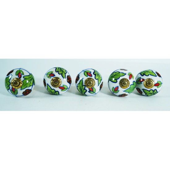Ceramic Knobs - Green Leaf, Broun Flower Design - For Kitchen Cabinet Hardware Door Decorative Dresser Pulls - Set Of 5 Pack