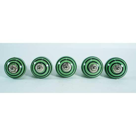 Green & Black Line Design Ceramic Drawer Knobs - For Kitchen Cabinet Hardware Door Handle Pulls Decorative Dresser - Pack Of 5