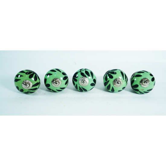 Ceramic Knobs - Green Round, Black Leaf Design - Hardware Door Decorative Dresser Pulls Luxurious Crafted by Hand - Set Of 5 