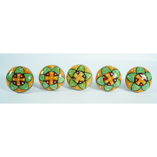 Yellow & Green Flower Design Ceramic Drawer Knobs - For Kitchen Cabinet Hardware Door Handle Pulls Decorative Dresser - Pack Of 5 Yellow & Green Flower Design Ceramic Drawer Knobs - For Kitchen Cabinet Hardware Door Handle Pulls Decorative Dresser - Pack Of 5