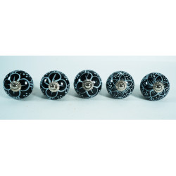 Ceramic Knobs - Black & White Flower Design - For Decorative Kitchen and Dresser Handles - Set Of 5 Pack
