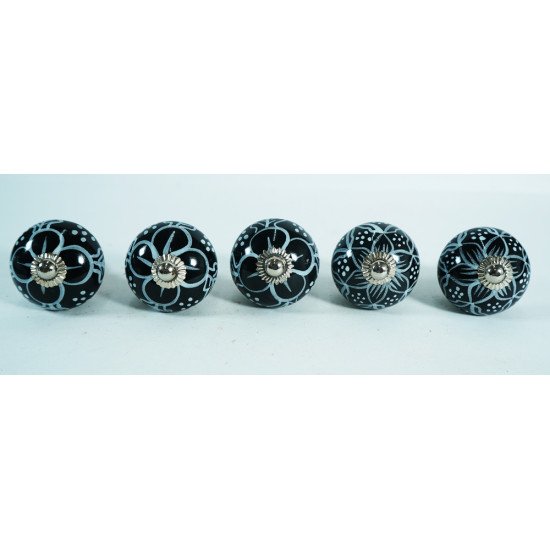 Ceramic Knobs - Black & White Flower Design - For Decorative Kitchen and Dresser Handles - Set Of 5 Pack