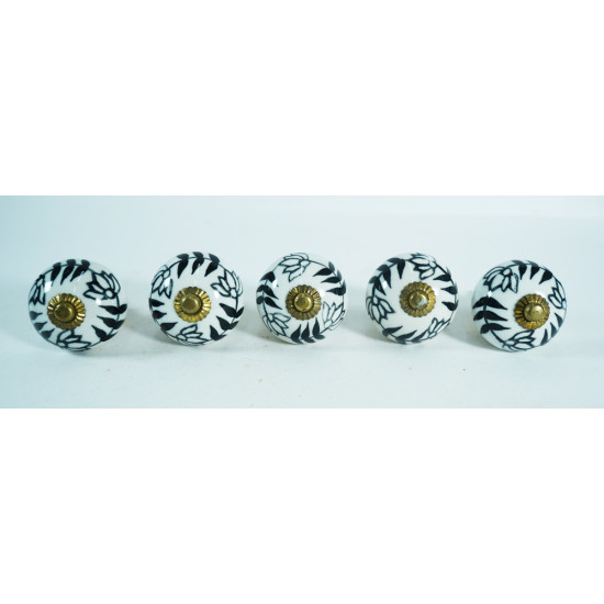 White & Black Leaf Flower Design Ceramic Drawer Knobs - For Kitchen Cabinet Hardware Door Handle Pulls Decorative Dresser - Pack Of 5 White & Black Leaf Flower Design Ceramic Drawer Knobs - For Kitchen Cabinet Hardware Door Handle Pulls Decorative Dresser - Pack Of 5