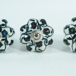 Ceramic Knobs - Black Flower & Leaf Design - For Kitchen Cabinet Hardware Door Decorative Dresser Pulls - Set Of 5 Pack