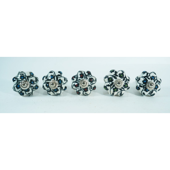 Ceramic Knobs - Black Flower & Leaf Design - For Kitchen Cabinet Hardware Door Decorative Dresser Pulls - Set Of 5 Pack
