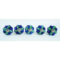 Ceramic Knobs - Blue Round, Green Leaf Design - For Kitchen Cabinet Hardware Door Decorative Dresser Pulls - Set Of 5 Pack