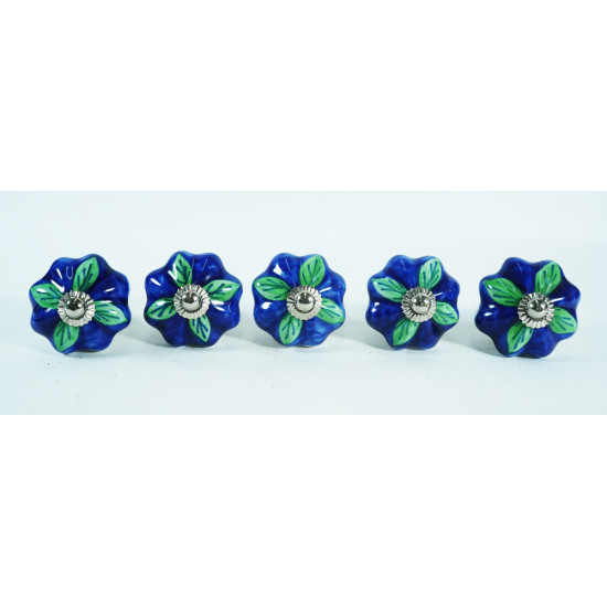 Ceramic Knobs - Blue Round, Green Leaf Design - For Kitchen Cabinet Hardware Door Decorative Dresser Pulls - Set Of 5 Pack Ceramic Knobs - Blue Round, Green Leaf Design - For Kitchen Cabinet Hardware Door Decorative Dresser Pulls - Set Of 5 Pack