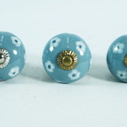 Grey & White Flower Design Ceramic Drawer Knobs - For Kitchen Cabinet Hardware Door Handle Pulls Decorative Dresser - Pack Of 5