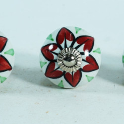 Ceramic Knobs - White Round, Red Flower Design - Kitchen Cabinet Hardware Door Decorative Dresser Pulls - Set Of 5 Pack
