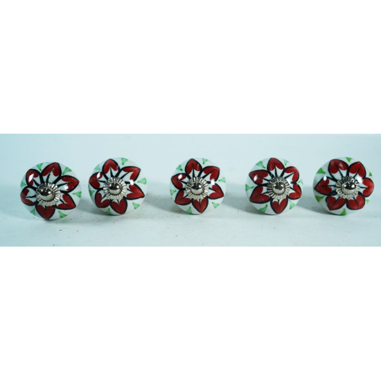 Ceramic Knobs - White Round, Red Flower Design - Kitchen Cabinet Hardware Door Decorative Dresser Pulls - Set Of 5 Pack