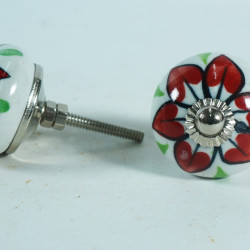 Ceramic Knobs - White Round, Red Flower Design - Kitchen Cabinet Hardware Door Decorative Dresser Pulls - Set Of 5 Pack